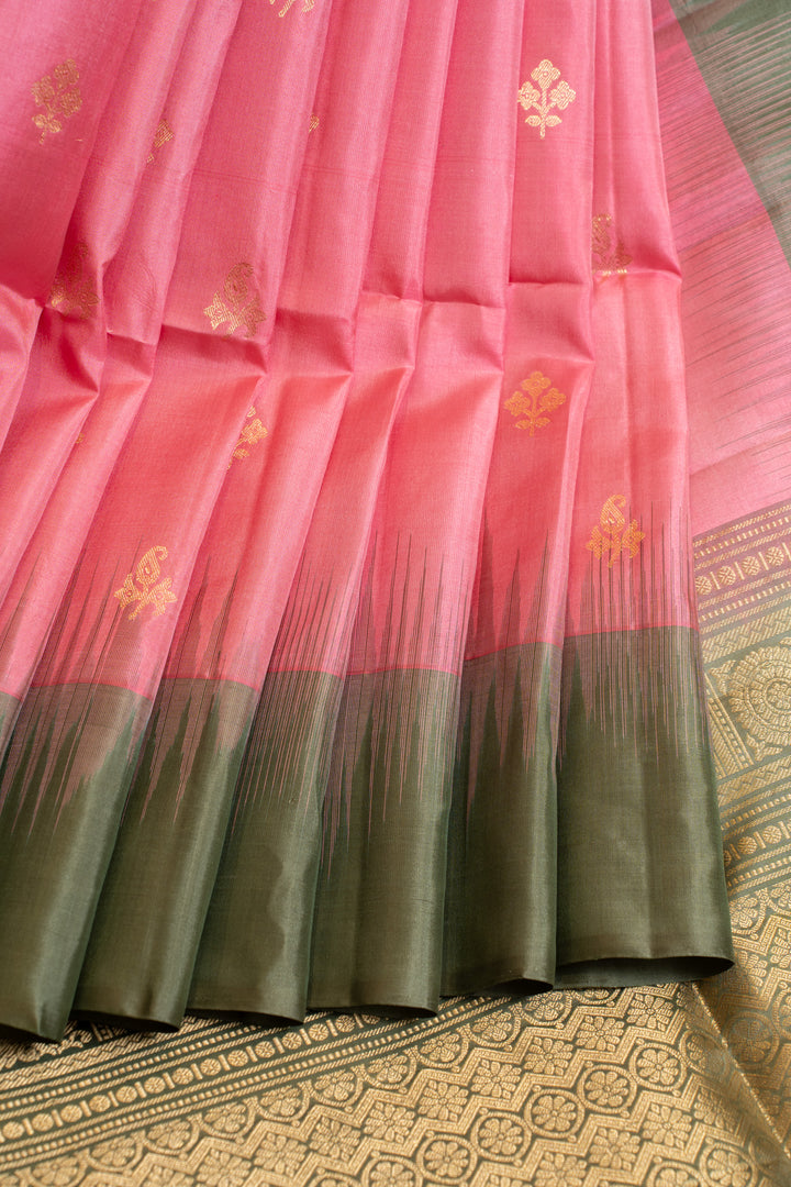 Pink and sage green pure soft silk saree