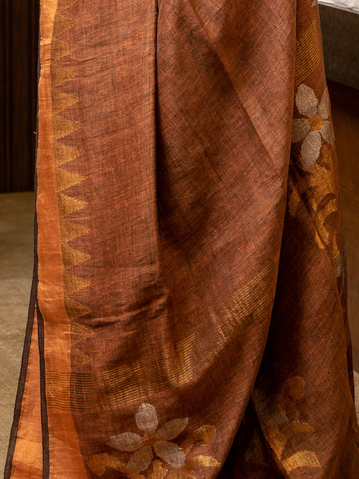 Brown Jamdani Ganga Jamuna Pure Linen Saree - Clio Silks
