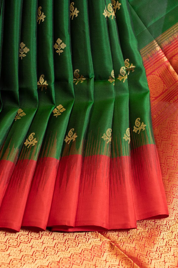 Emerald green and red pure soft silk saree
