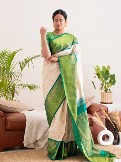 Off White and Green Pure Zari Kanchipuram Silk Saree - Clio Silks