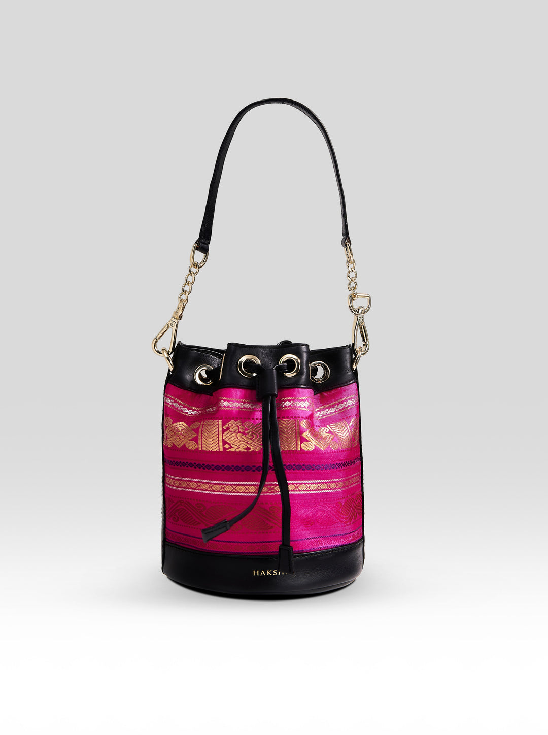 Yanay Kanchi Pure Zari Potli Bag Rani Pink & Black - Clio Silks