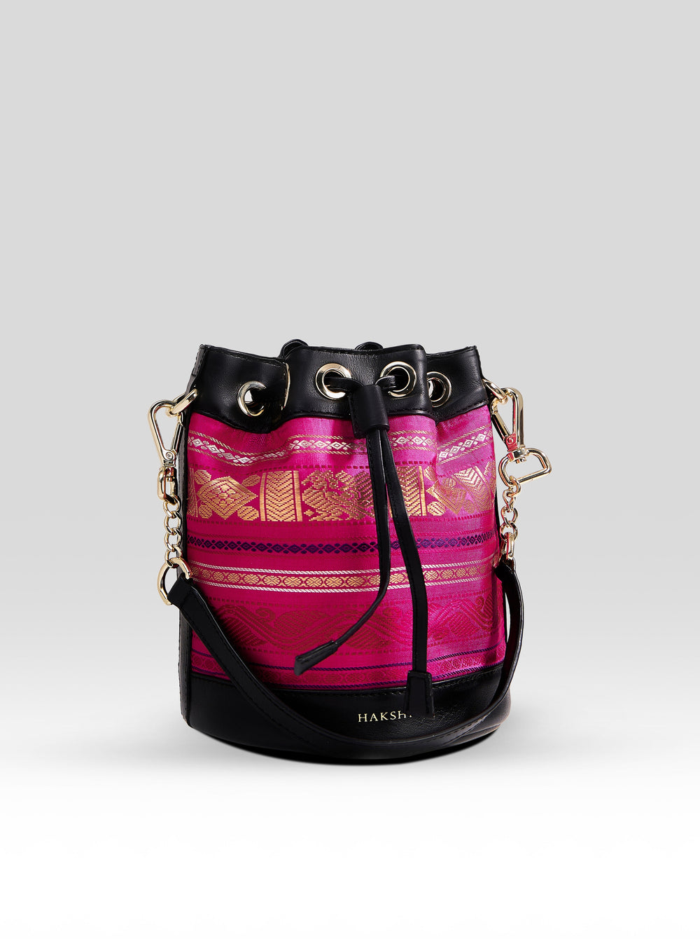 Yanay Kanchi Pure Zari Potli Bag Rani Pink & Black - Clio Silks