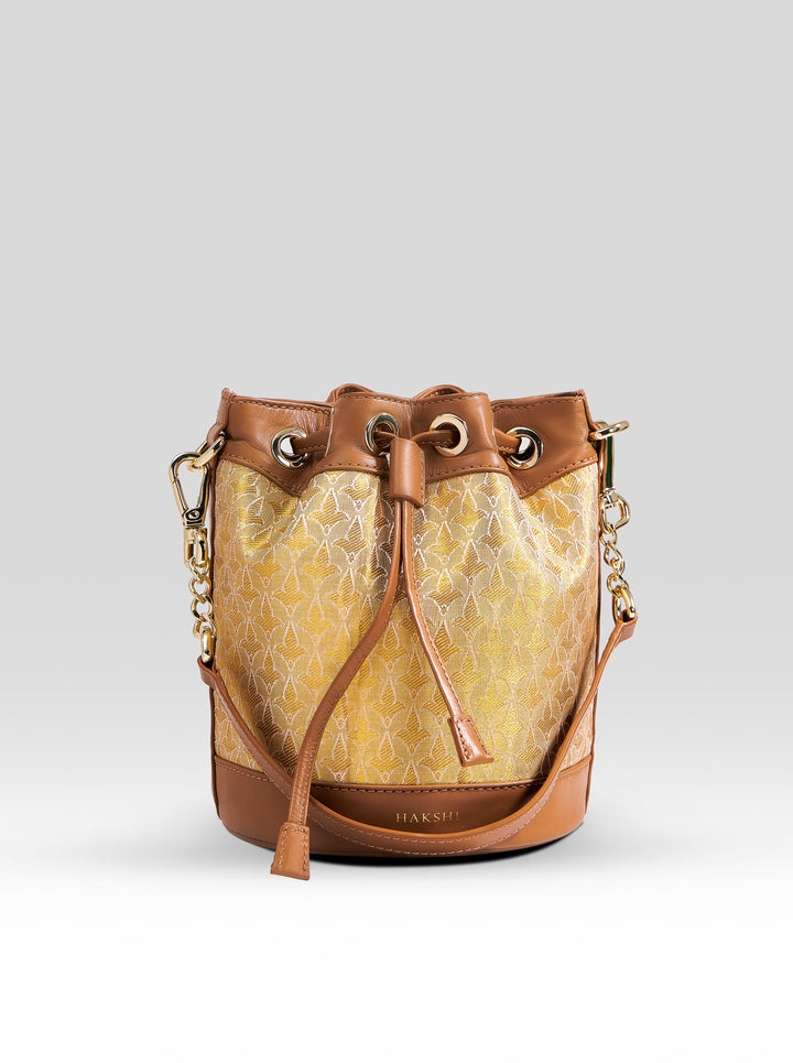 Yanay Kanchi Tissue Potli Bag Gold & Tan - Clio Silks
