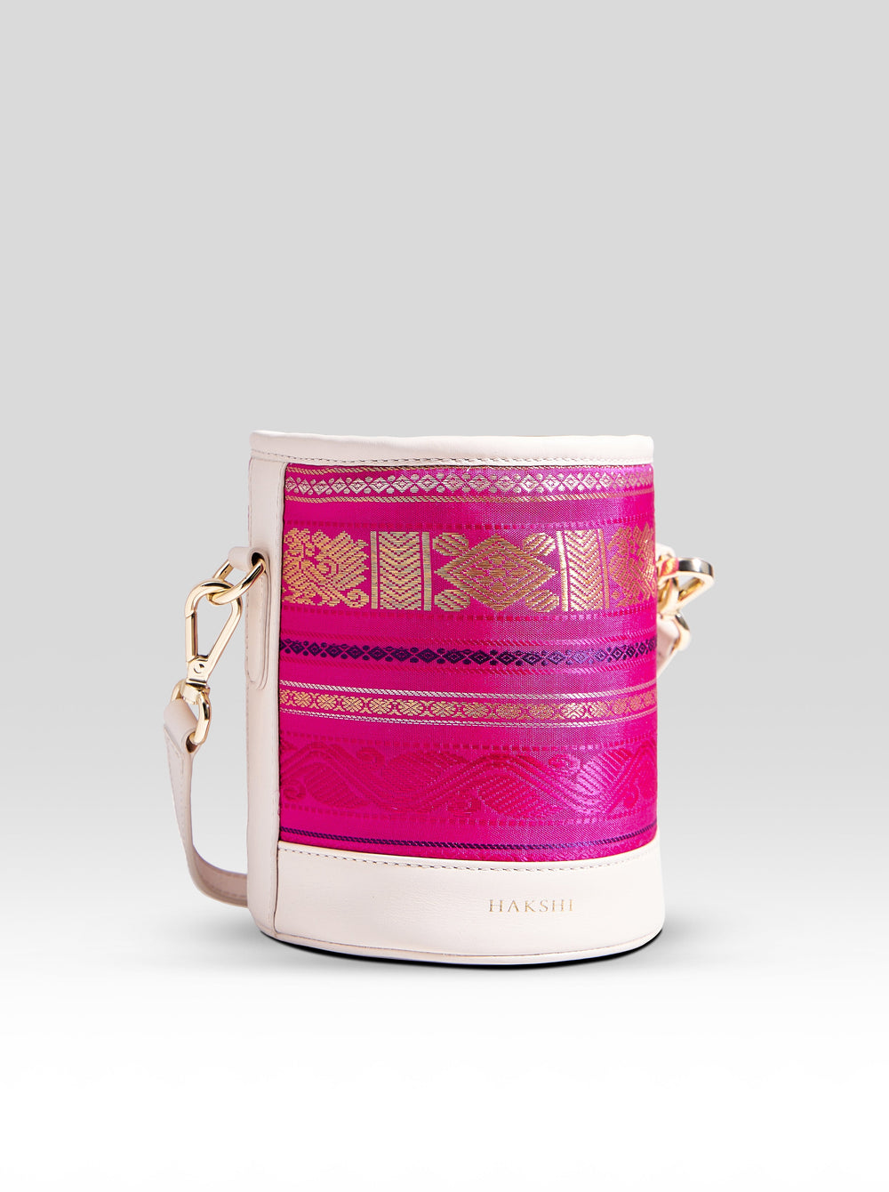 Adhya Pure Zari Bucket Bag Rani Pink & Ivory - Clio Silks