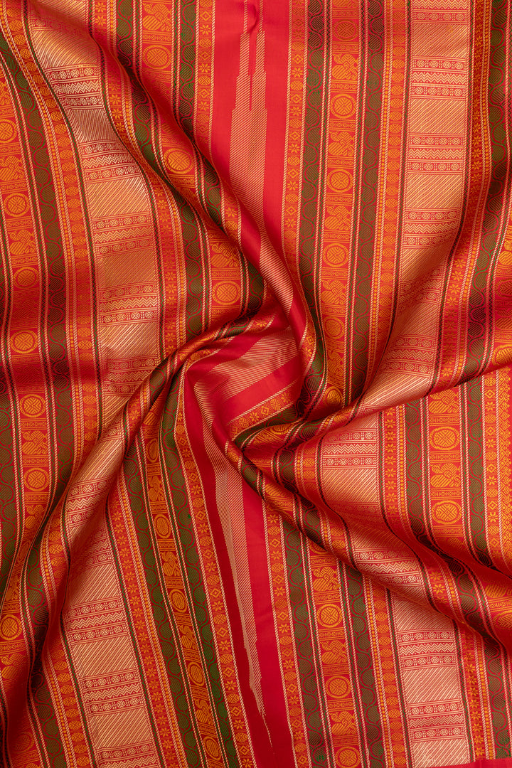 Peacock blue and red threadwork Kanchipuram silk saree