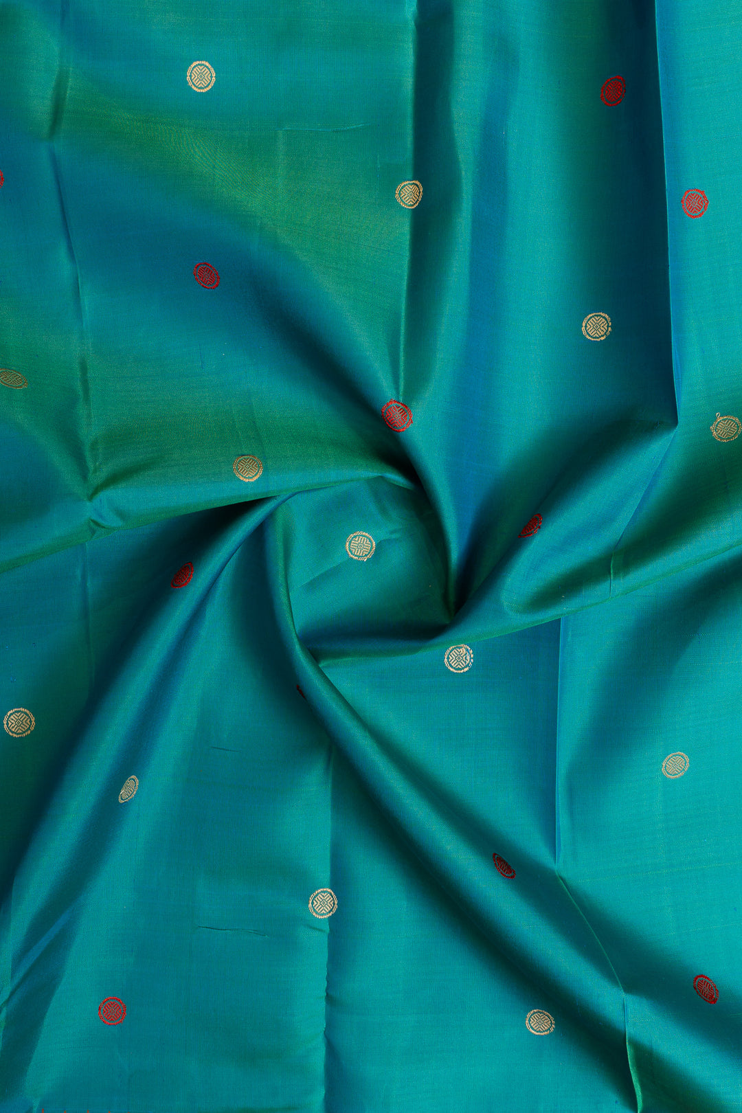 Peacock blue and red threadwork Kanchipuram silk saree