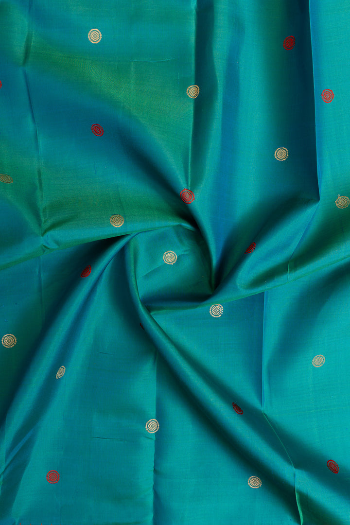 Peacock blue and red threadwork Kanchipuram silk saree