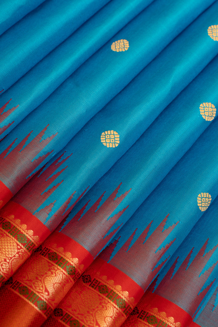 Anandha blue and red threadwork Kanchipuram silk saree