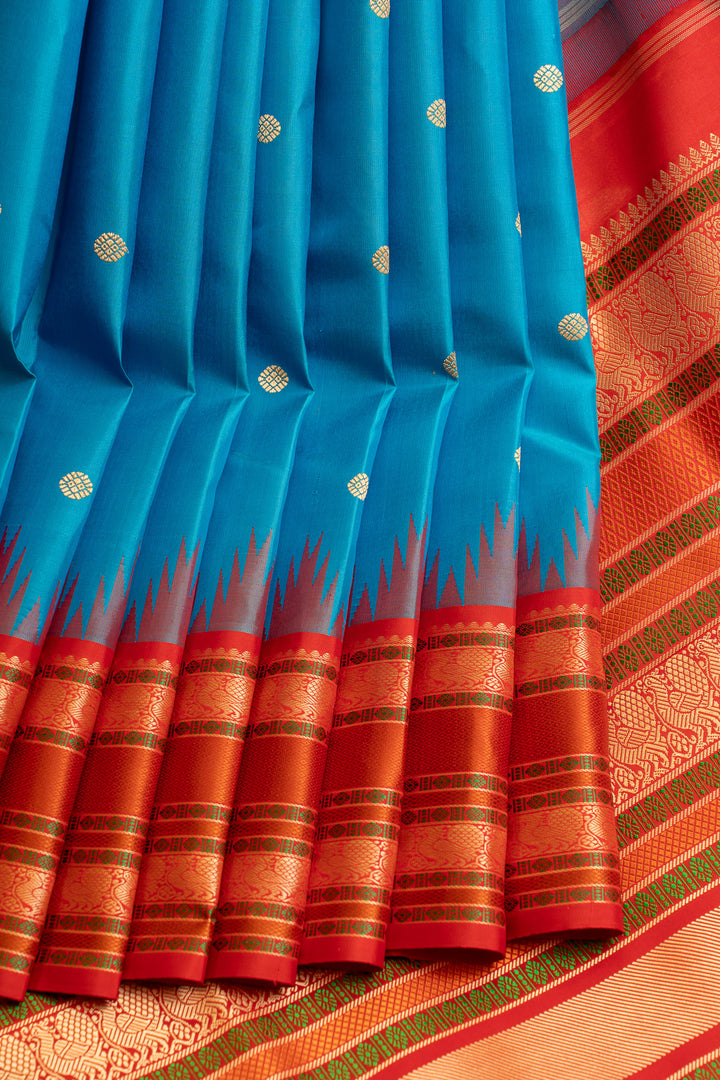 Anandha blue and red threadwork Kanchipuram silk saree