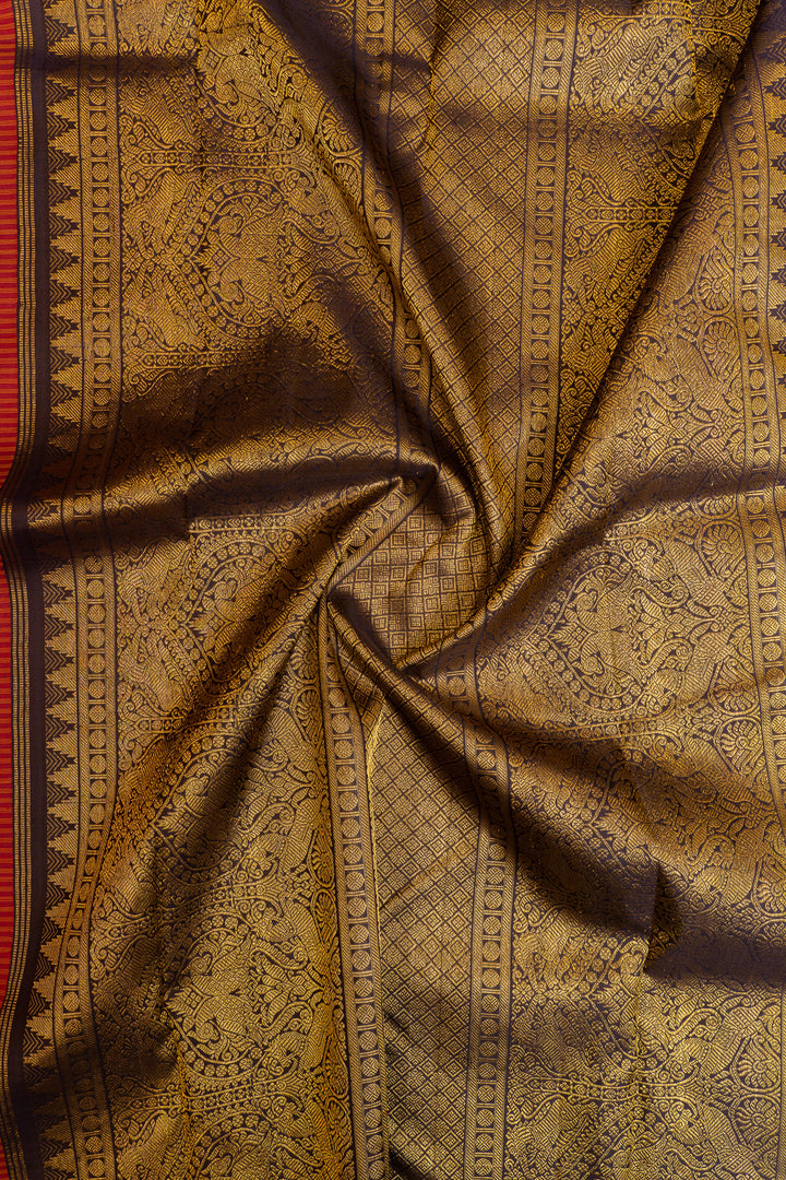 Rust orange borderless checks  pure Kanchipuram silk saree