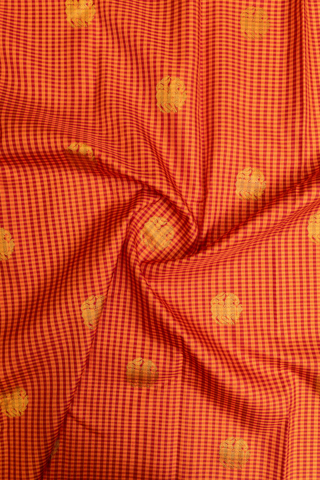 Rust orange borderless checks  pure Kanchipuram silk saree