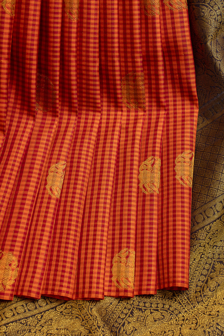 Rust orange borderless checks  pure Kanchipuram silk saree