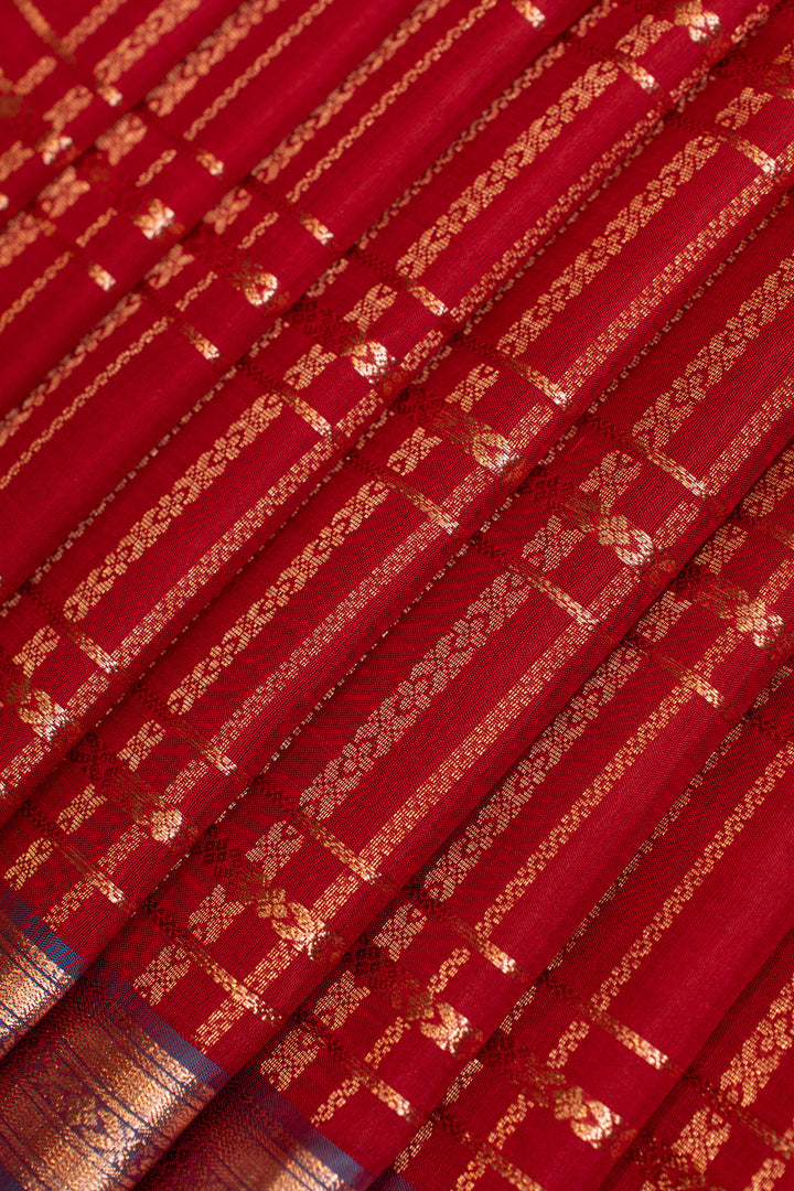 Red ornamental zari checks pure Kanchipuram silk saree
