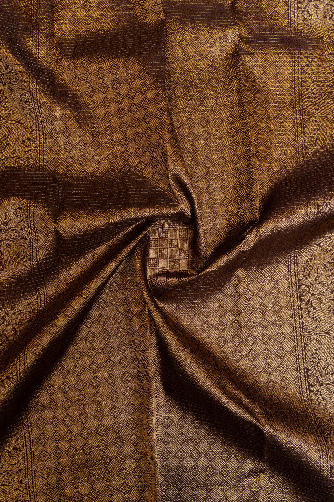 Rust orange and brown zari panel pure Kanchipuram silk saree