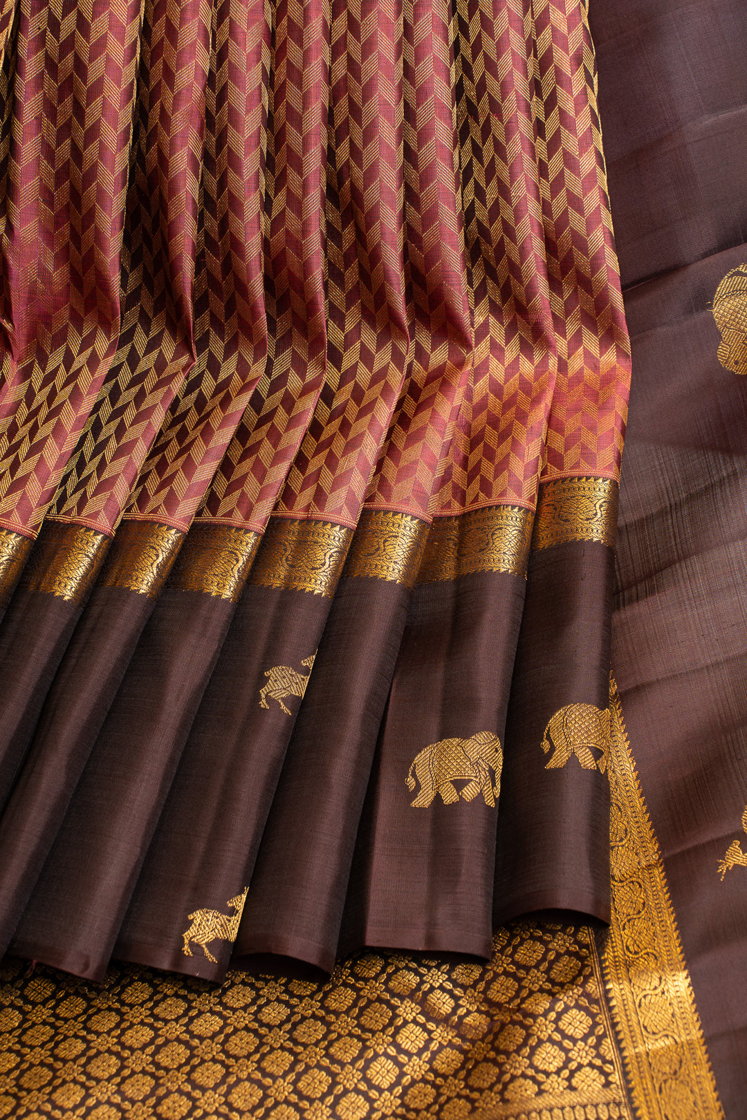 Maroon and brown brocade pure Kanchipuram silk saree