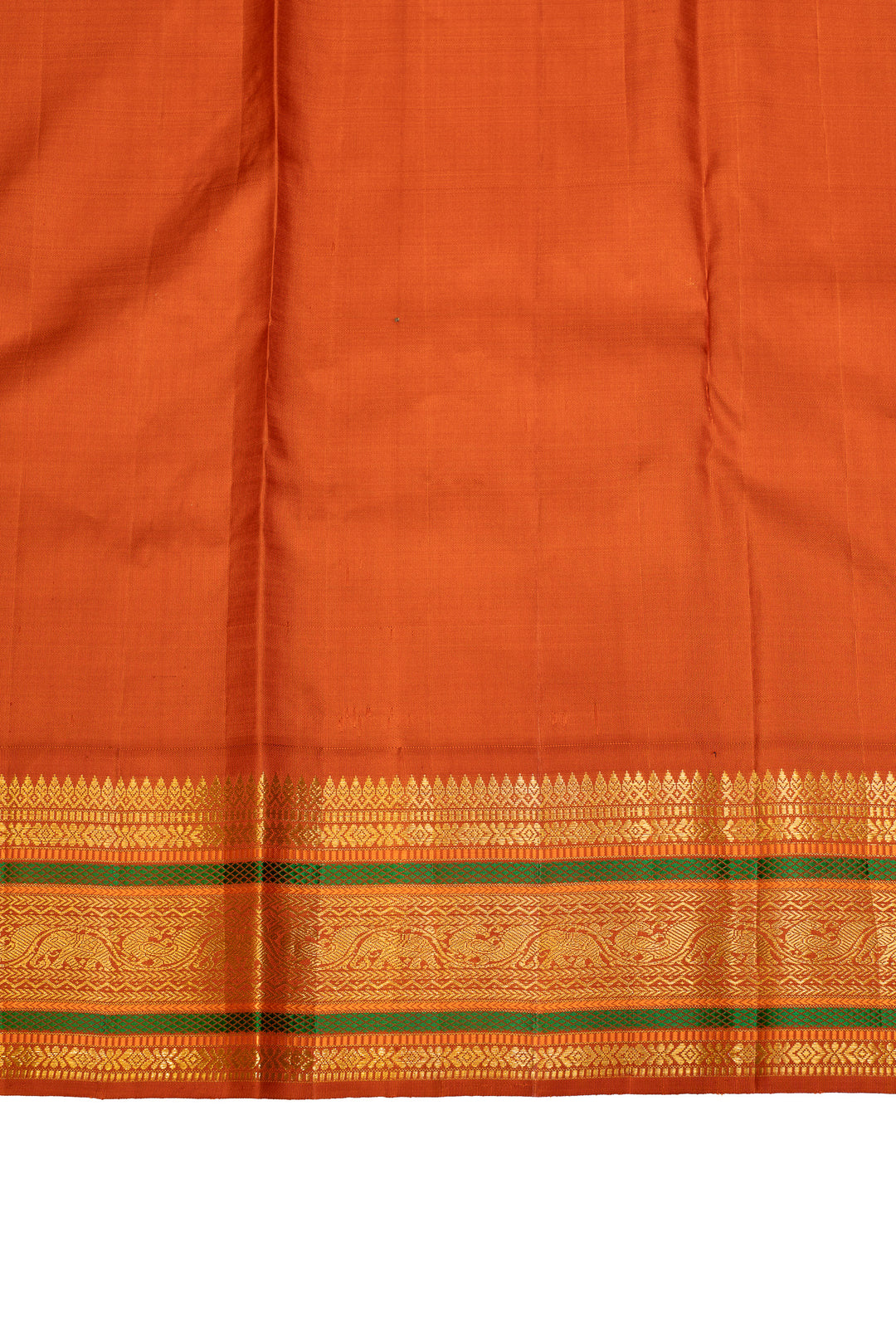Apple green and rust orange pure Kanchipuram silk saree
