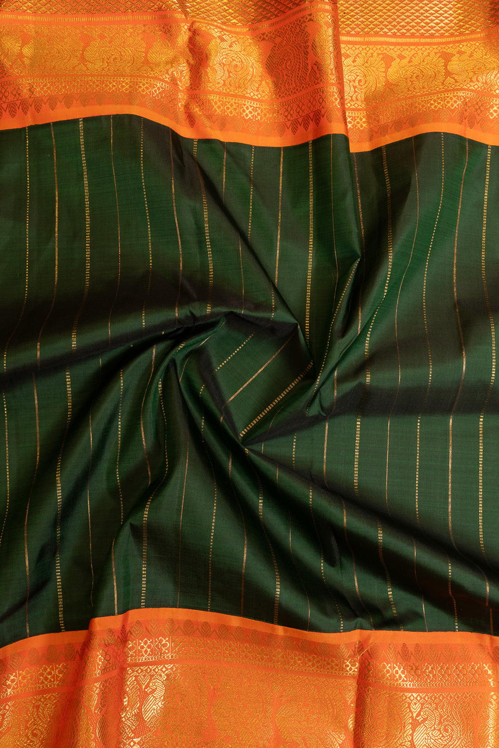 Emerald green and orange grand borders pure Kanchipuram silk saree