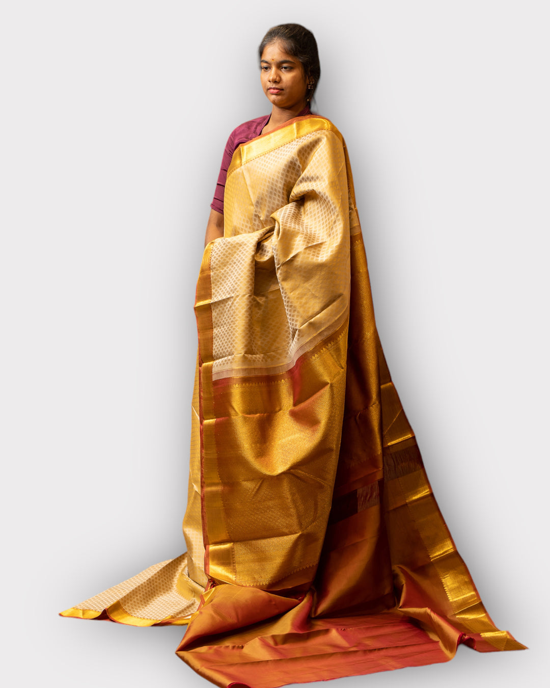 Beige and Gold Thread Brocade Pure Kanchipuram Silk Saree - Clio Silks