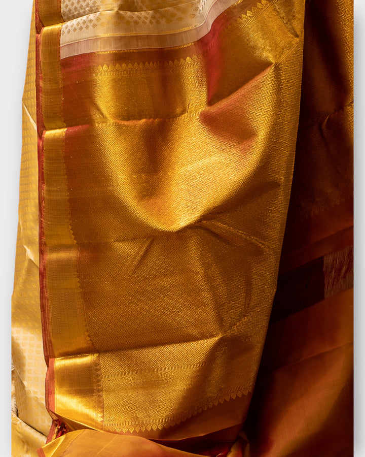 Beige and Gold Thread Brocade Pure Kanchipuram Silk Saree - Clio Silks