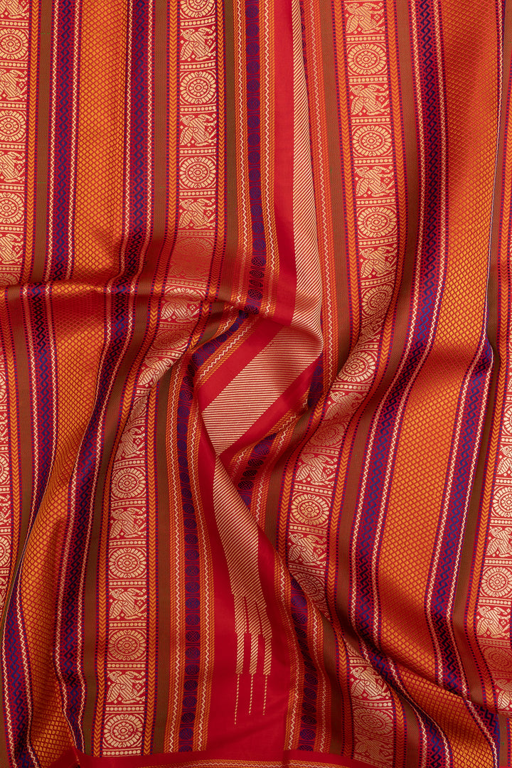 Yellow and red threadwork pure handloom Kanchipuram silk saree