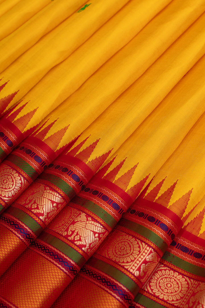 Yellow and red threadwork pure handloom Kanchipuram silk saree