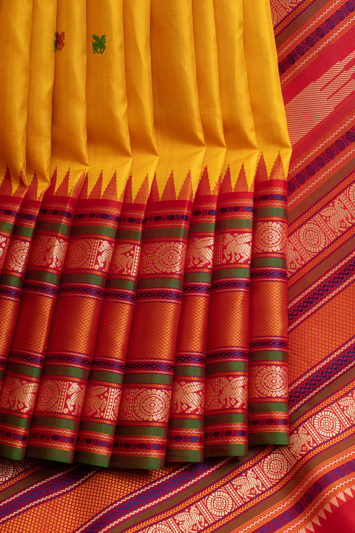 Yellow and red threadwork pure handloom Kanchipuram silk saree
