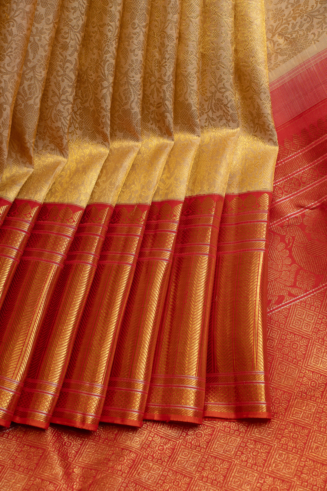 Gold and red red floral brocade pure Kanchipuram silk saree