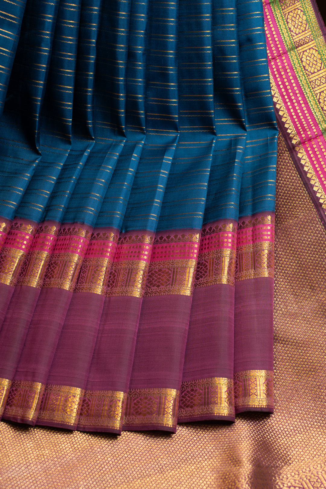 Vintage blue double stripes pure Kanchipuram silk saree