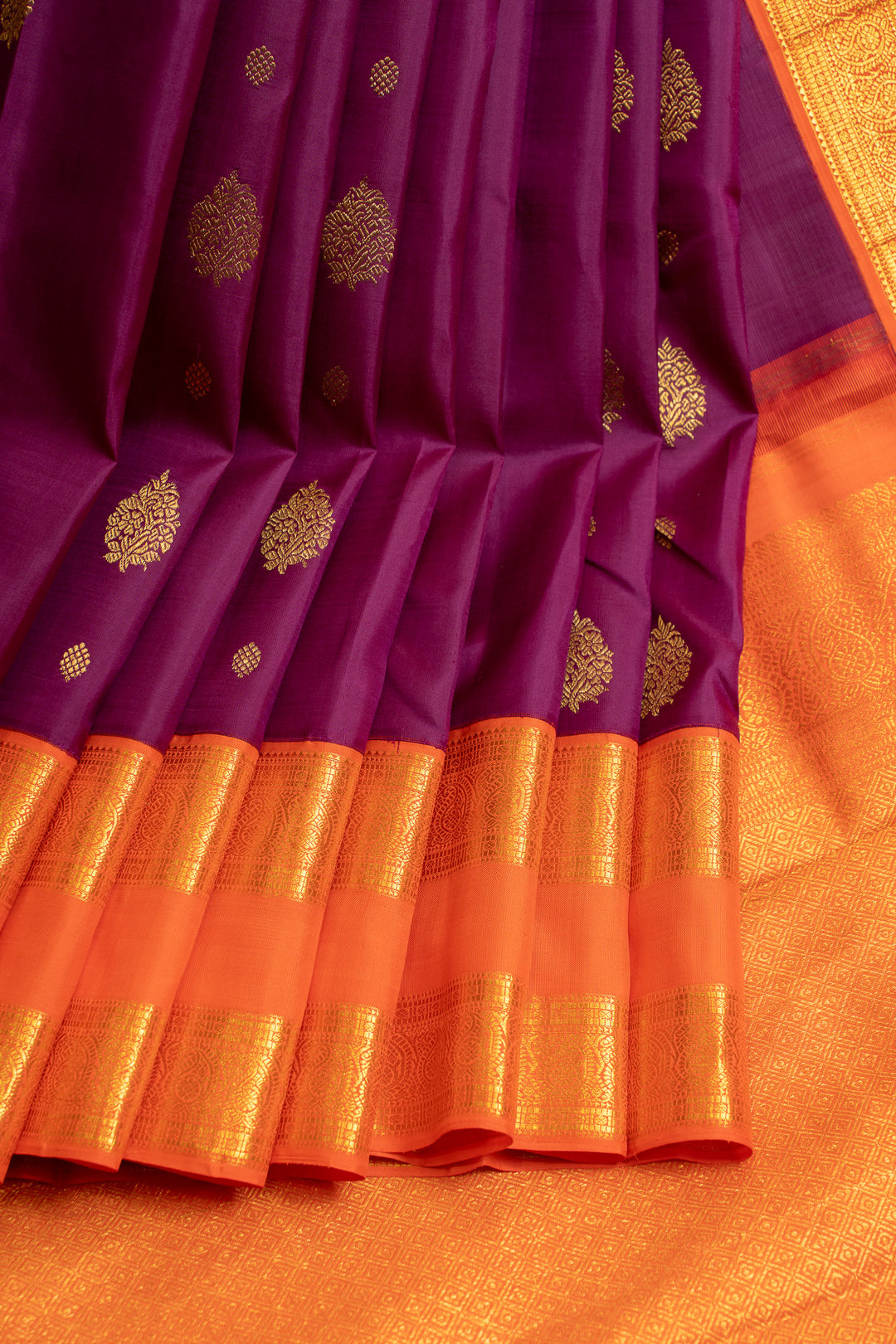 Purple and orange vintage rettai pettu pure Kanchipuram silk saree