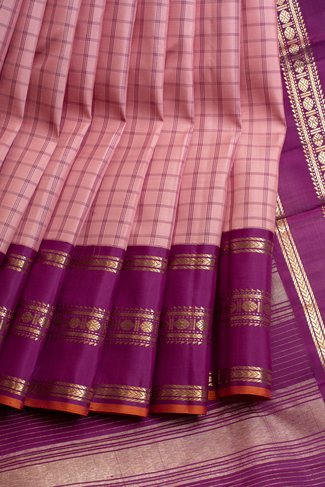 Pastel pink and purple Varisaipettu pure Kanchipuram silk saree