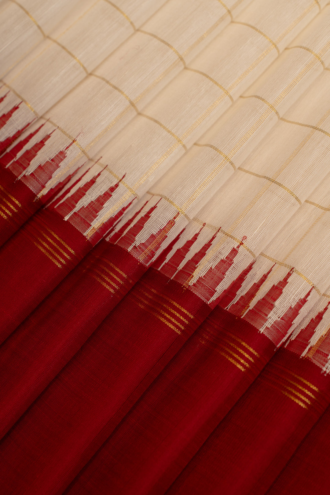 Pearl white and red pure linen Kanchipuram silk saree