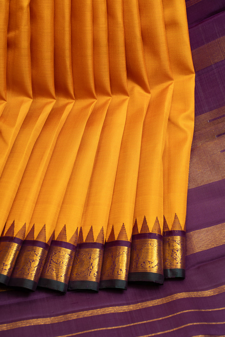 Yellow and purple traditional pure Kanchipuram silk saree