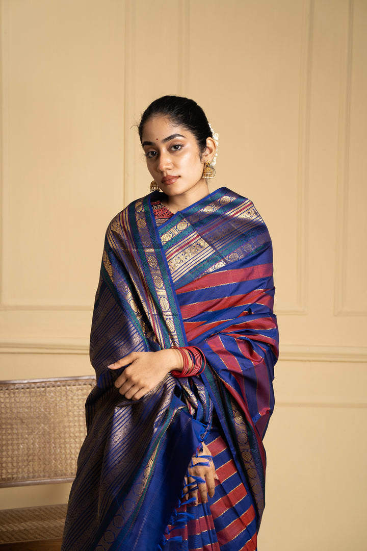 Blue and Maroon Vintage Zari Stripes Kanchipuram Silk Saree - Clio Silks