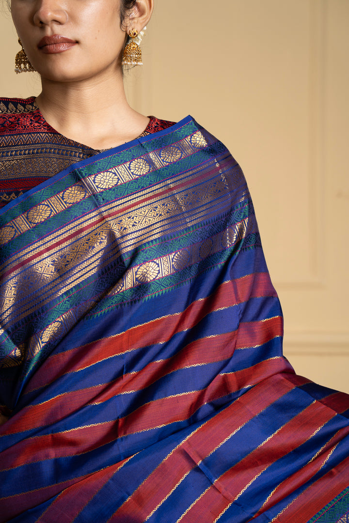 Blue and Maroon Vintage Zari Stripes Kanchipuram Silk Saree - Clio Silks