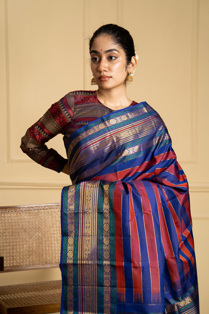 Blue and Maroon Vintage Zari Stripes Kanchipuram Silk Saree - Clio Silks