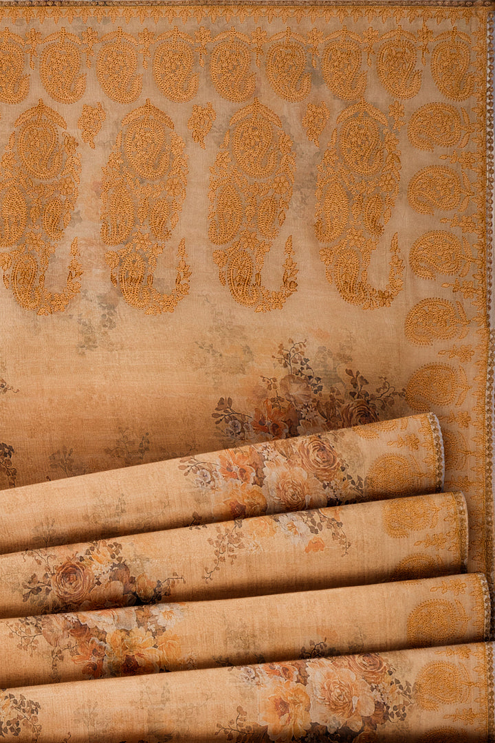 Sandstone Beige Floral Embroidered Organza Saree - Clio Silks