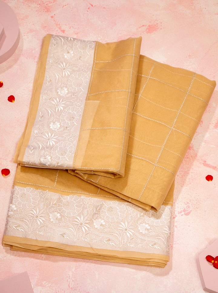 Golden Yellow and Ivory Embroidered Organza Sari - Clio Silks