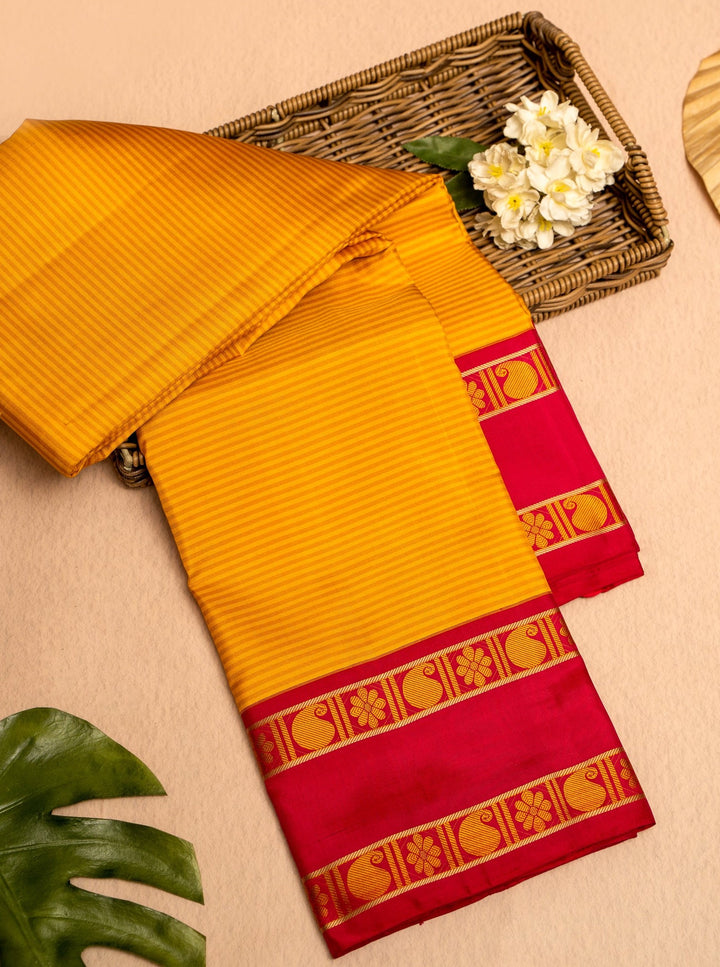 Yellow Stripes and Pink Pattu Pettu Pure Kanjivaram Silk Sari - Clio Silks