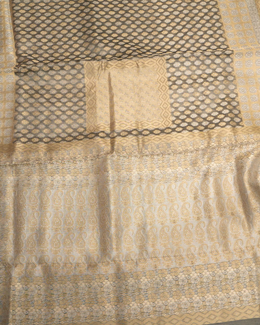 Grey Silver Zari Pure Banaras Kora Sari - Clio Silks