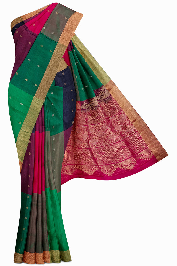 Magenta Purple and Mandhulir Multi Checks Soft Silk Sari - Clio Silks
