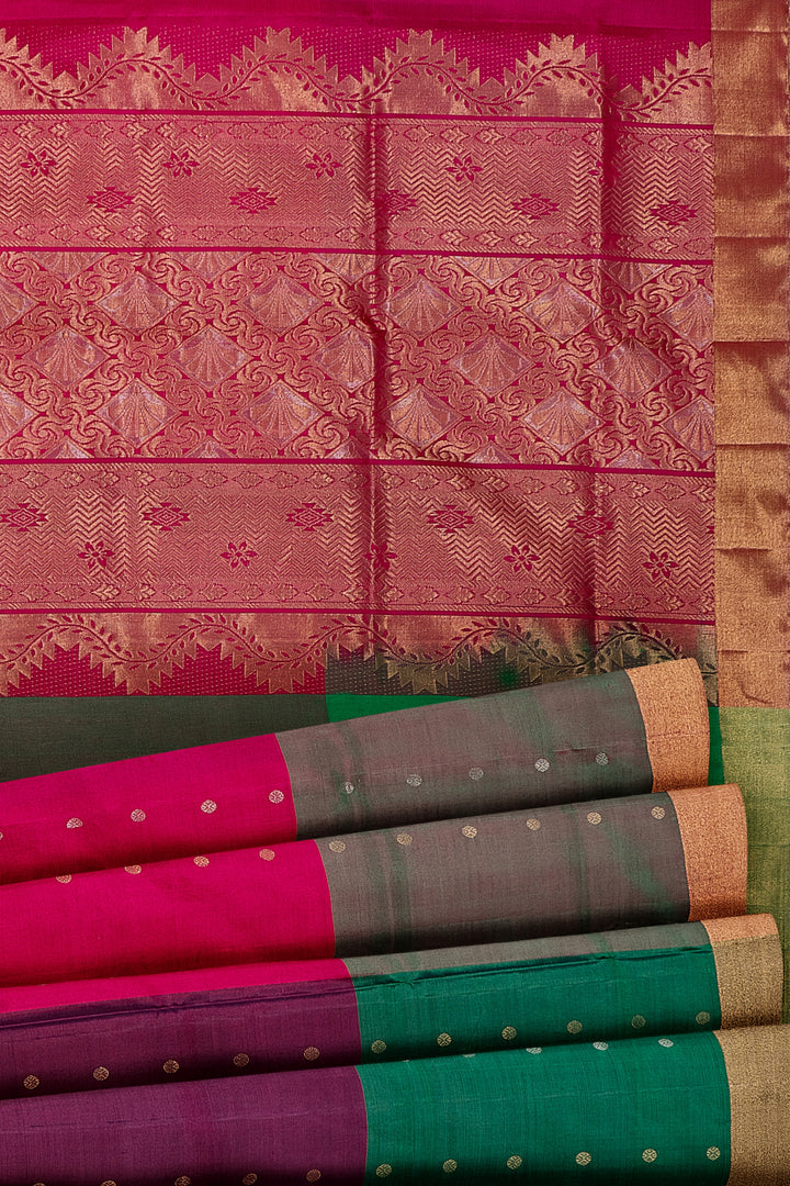 Magenta Purple and Mandhulir Multi Checks Soft Silk Sari - Clio Silks
