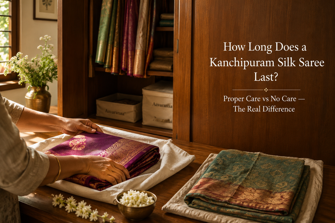 How Long Does a Kanchipuram Silk Saree Last?  Proper Care vs No Care — The Real Difference
