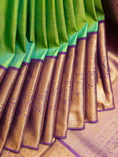 Jade Green and Purple Pure Zari Checks Kanjivaram Silk Saree