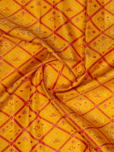 Yellow and Pink Ikat Woven Pure Kanchipuram Silk Saree