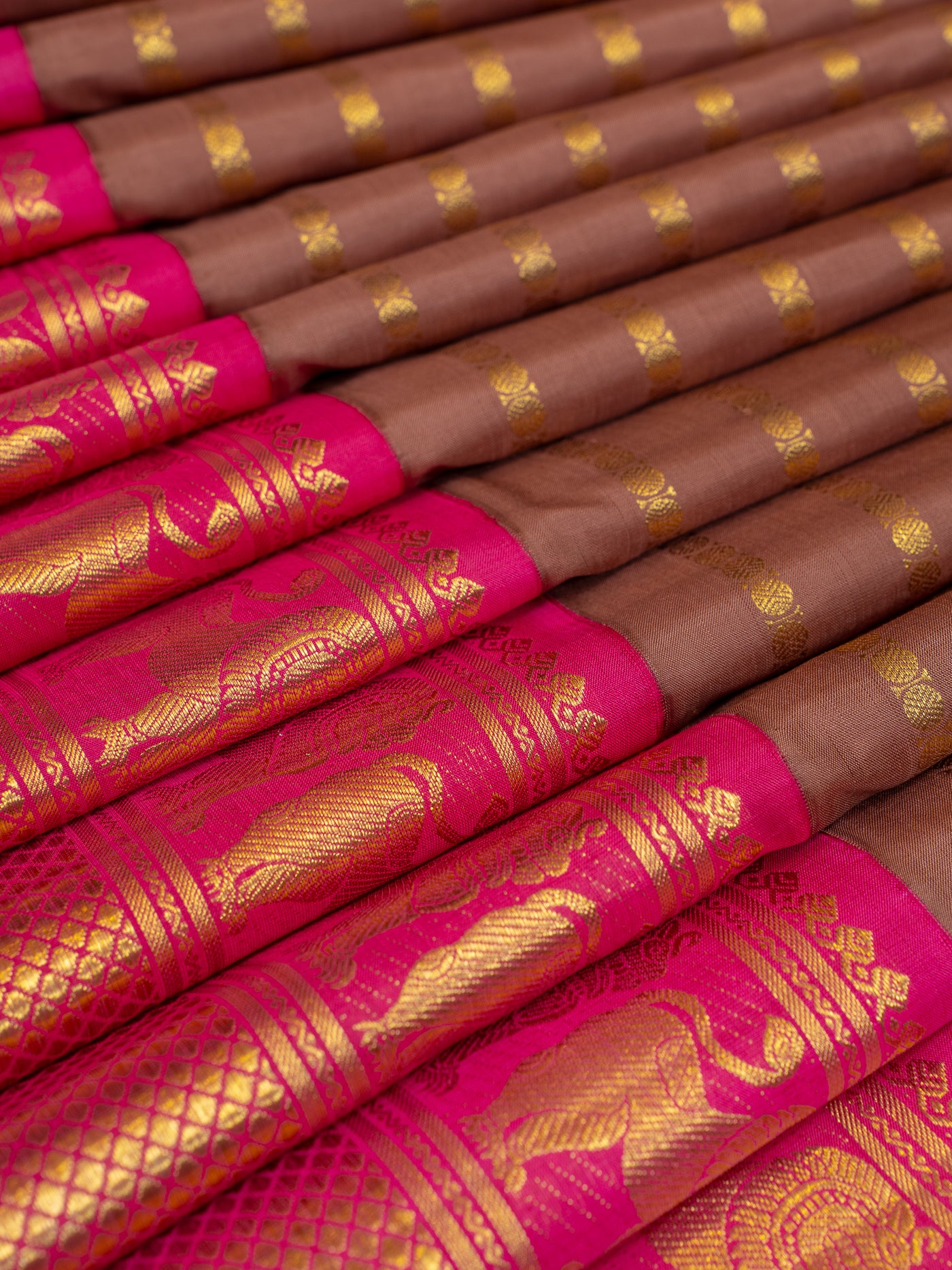 Brown and Magenta Stripes Big Border Pure Kanjivaram Silk Saree