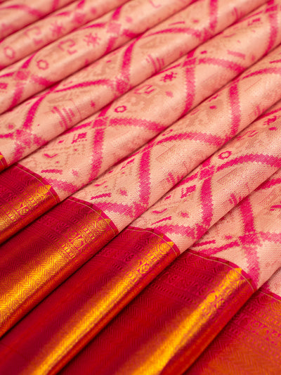 Cream and pink Ikat Woven Pure Kanchipuram Silk Saree