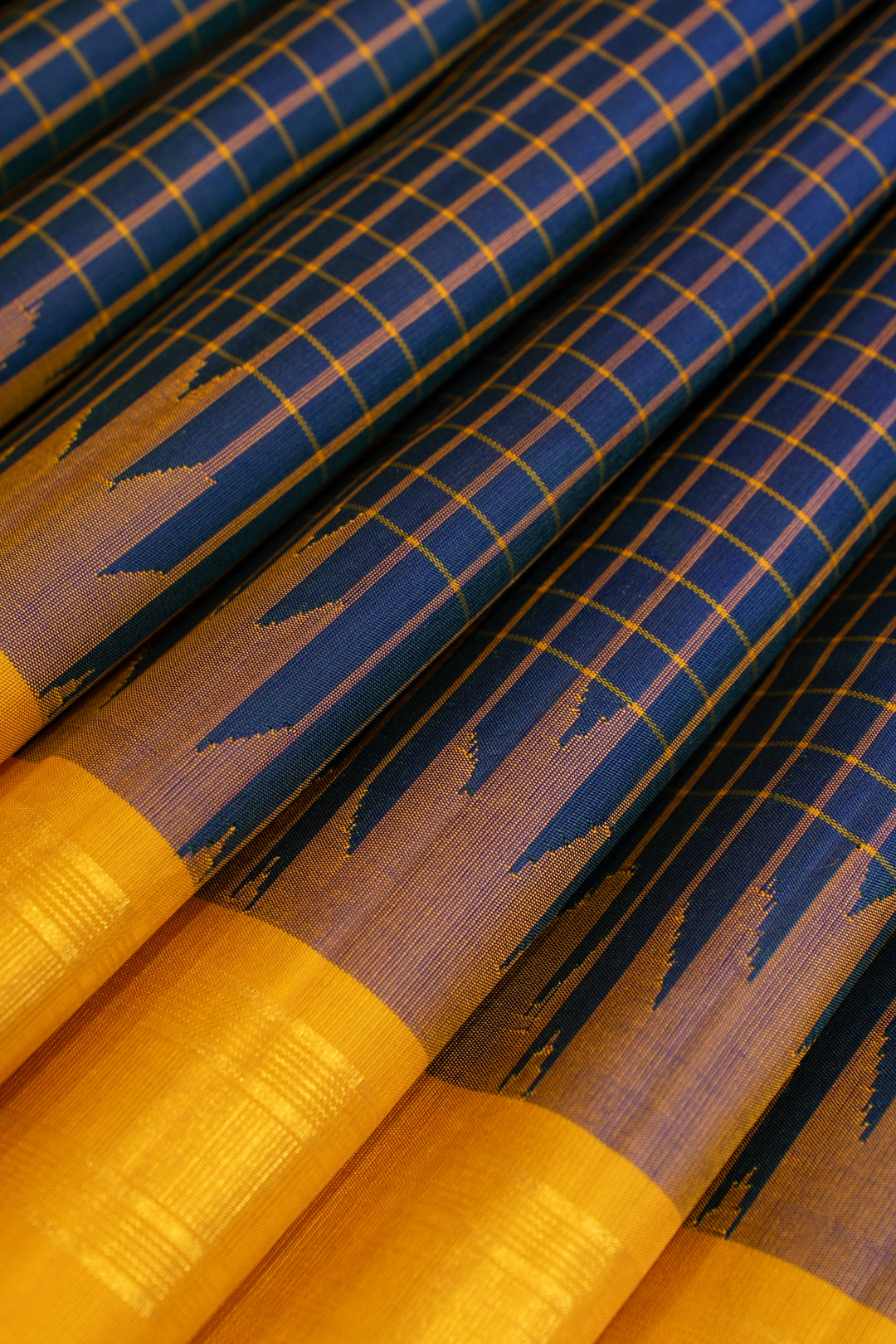 Peacock Blue and Mustard checks Pure Kanchipuram Silk Saree
