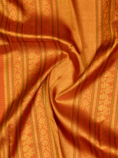 Leaf Green and Orange Korvai Varisaipettu Pure Kanjivaram Silk Saree