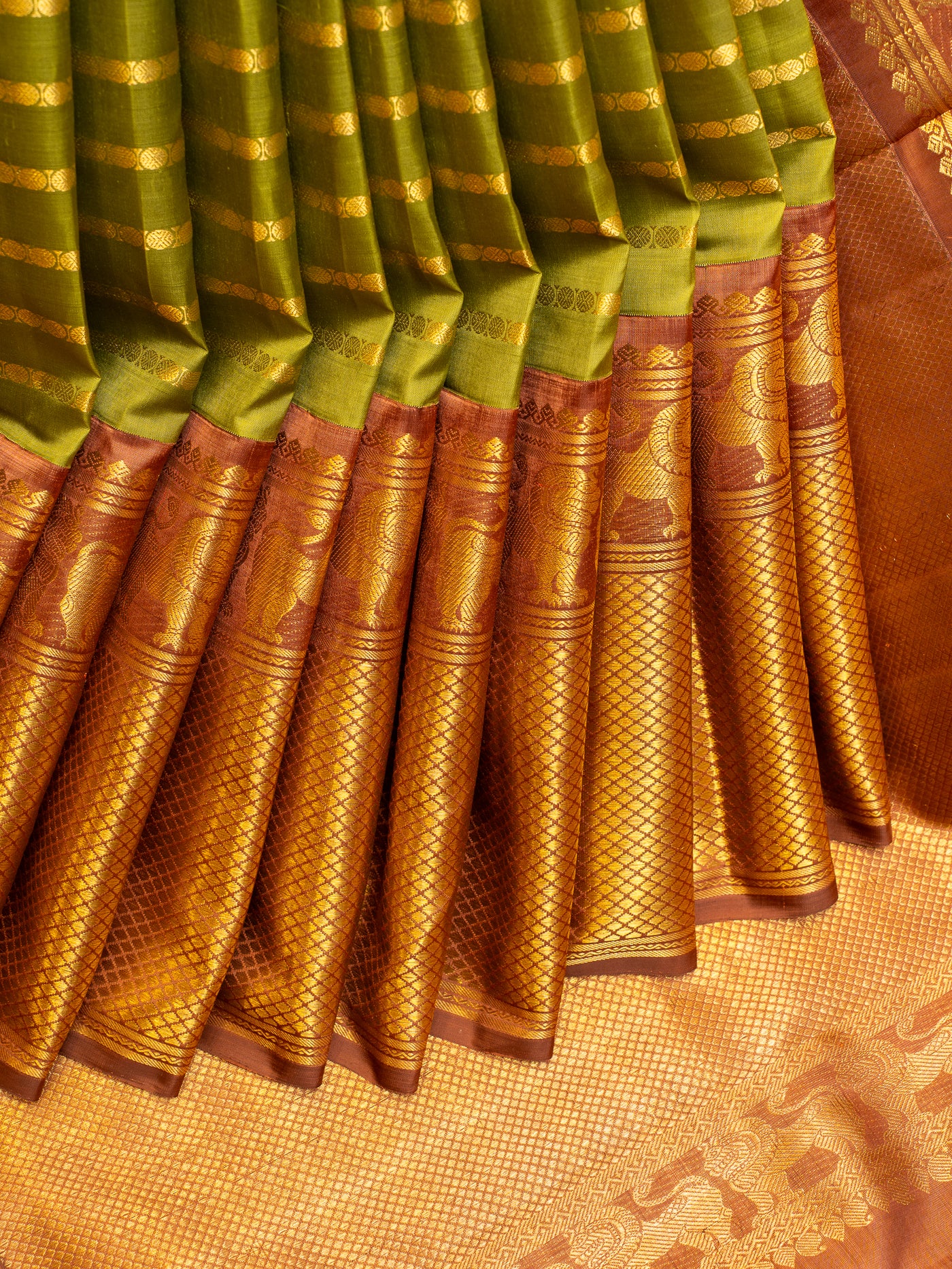 Olive Green and Mauve Stripes Big Border Pure Kanchipuram Silk Saree