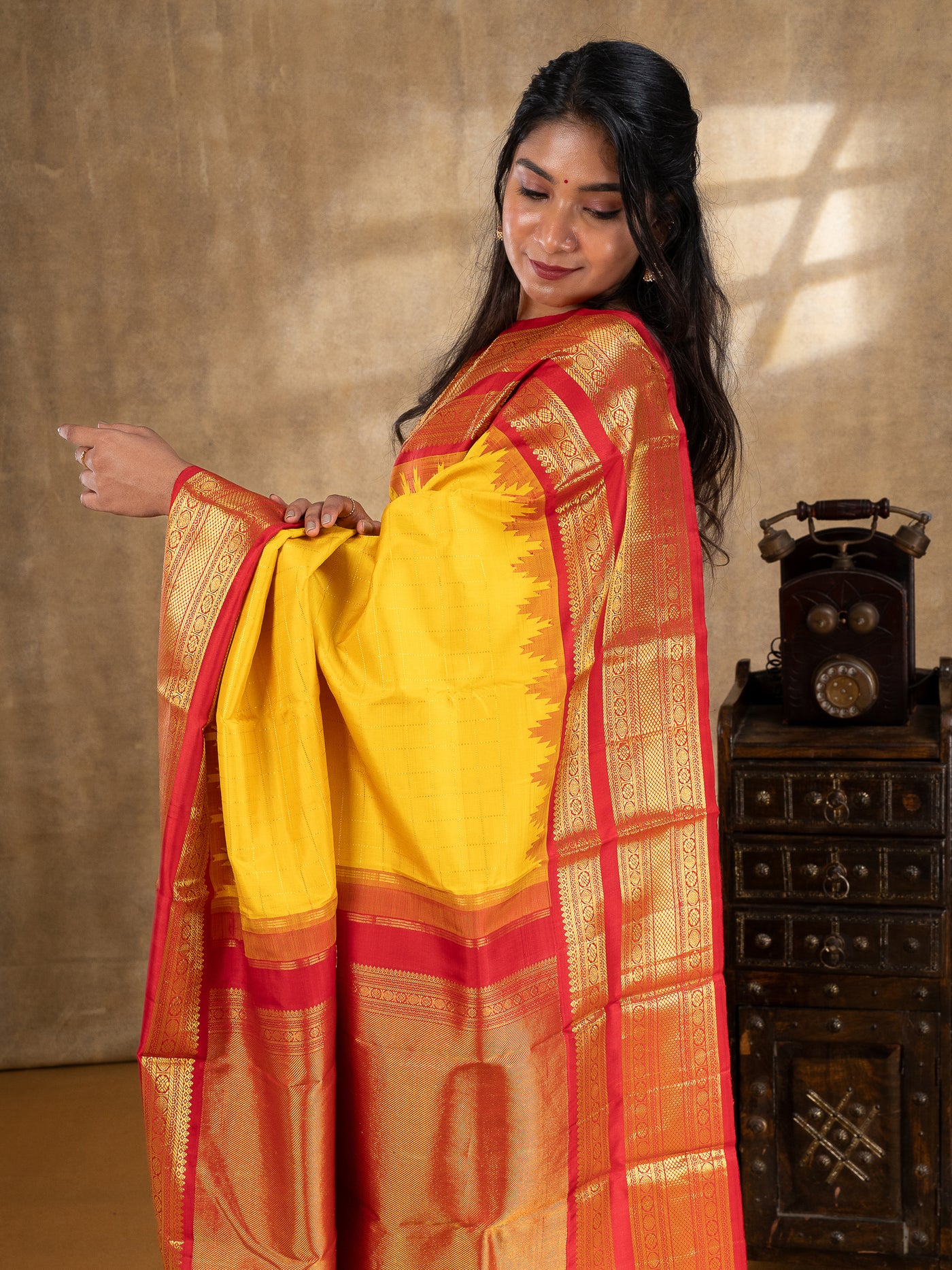 Yellow and  Red Pure Kanchipuram Silk Saree